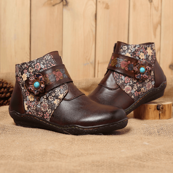 Retro Small Flowers Colorful Stitching Soft Leather Boots