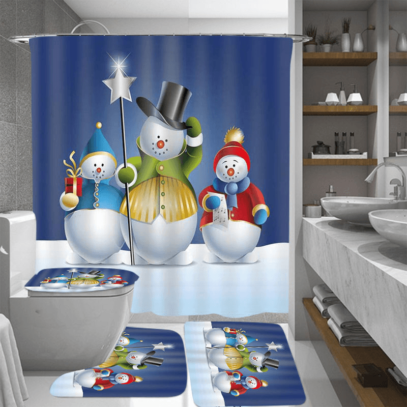 Bathroom Christmas Snowman Shower Curtain & 3PCS Mat Set Toilet Cover 180*180CM