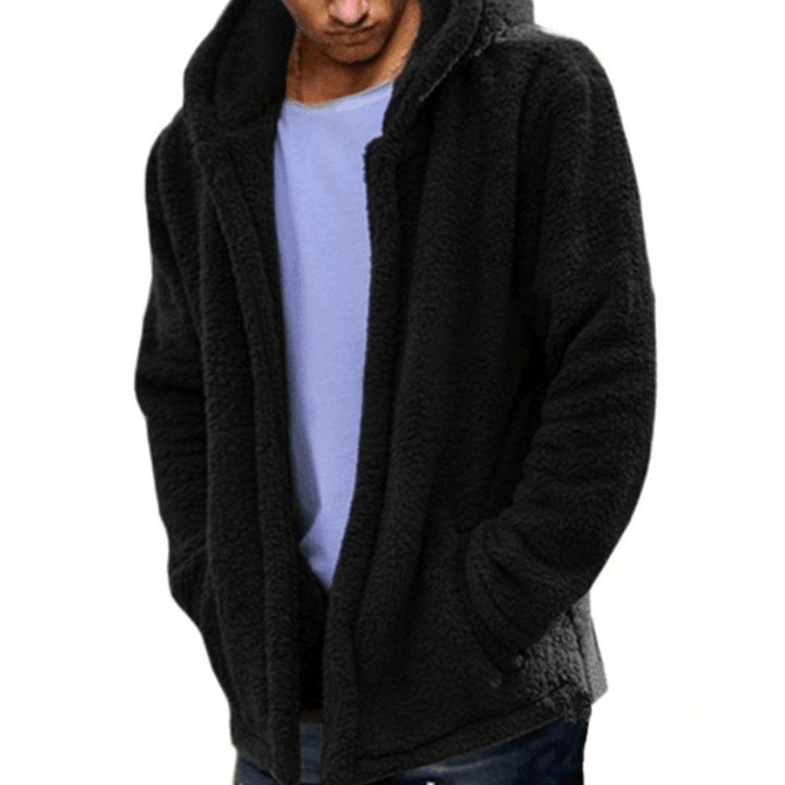 Mens Fashion Casual Fleece Warm Solid Color Hooded Coats