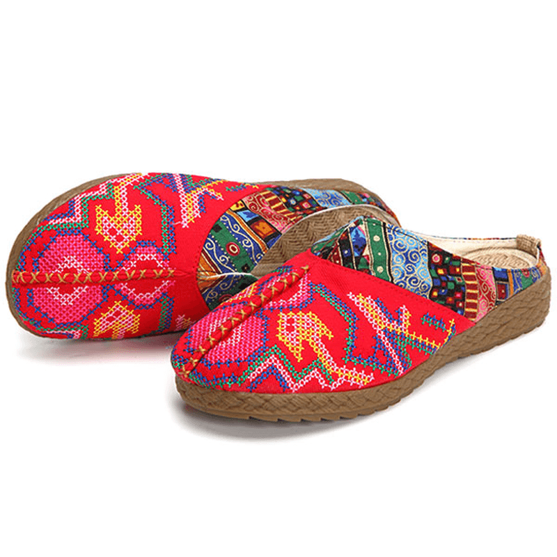 Women Flax Casual Outdoor Embroidery Flat Slipper Shoes