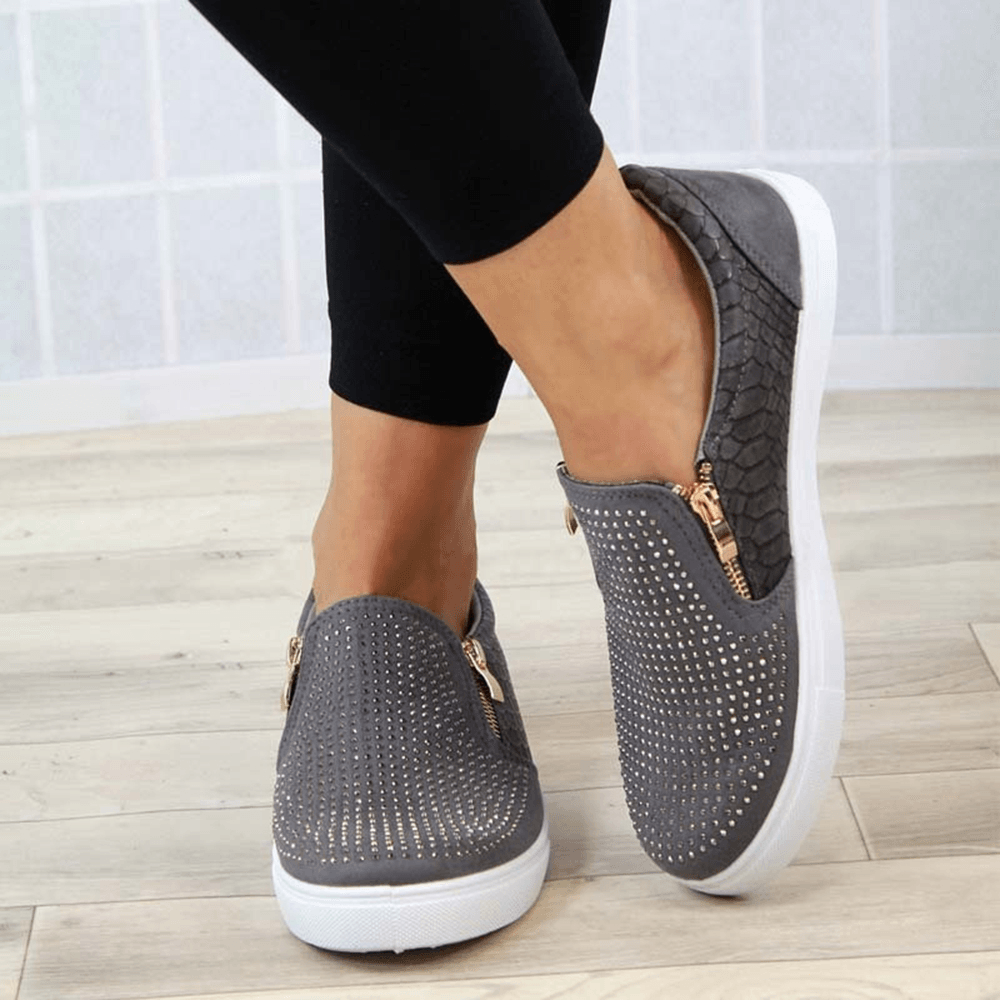 Women Doble Size Zipper Rhinestone Decor Comfy Non Slip Casual Flats