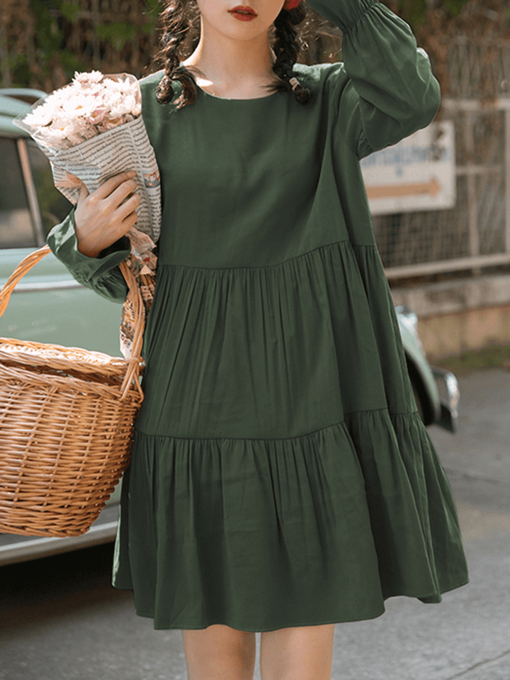 Women Cotton Solid Color Pleats O-Neck Long Sleeve Casual Dress - MRSLM