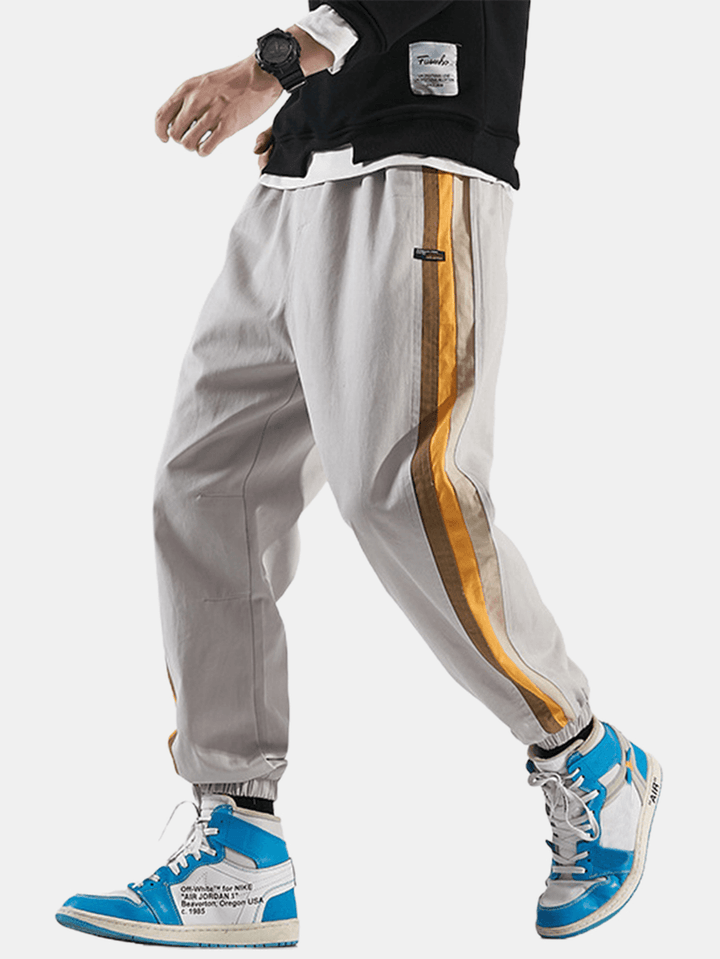 Mens Side Striped Applique Cotton Drawstring Cuffed Jogger Pants