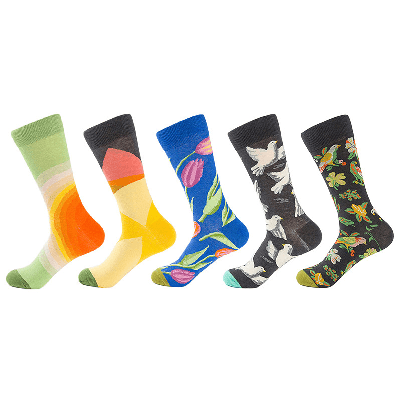 Men Dove Tulips Birds and Flowers Illustration Fashion Socks