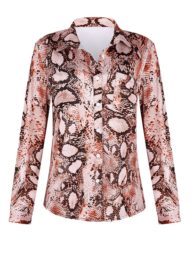 Women Cobra Snake Printed Long Sleeve Button Shirt Stylish Button Blouse