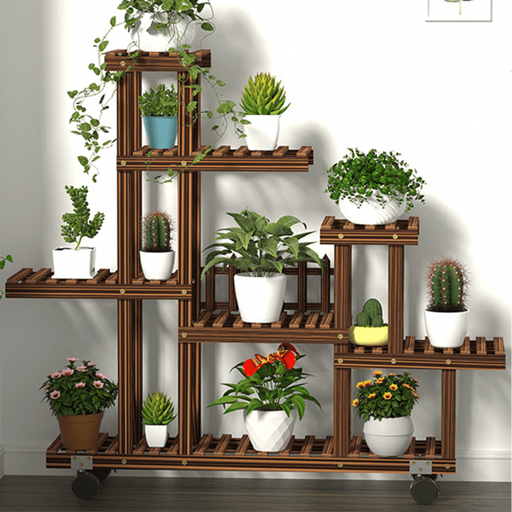 Multi-Tier Wooden Plant Flower Stand Plants Shelf Bookshelf Standing Flower Potted Windmill Plant Holder Display Outdoor Decor + Planting Tools Kit with Wheel