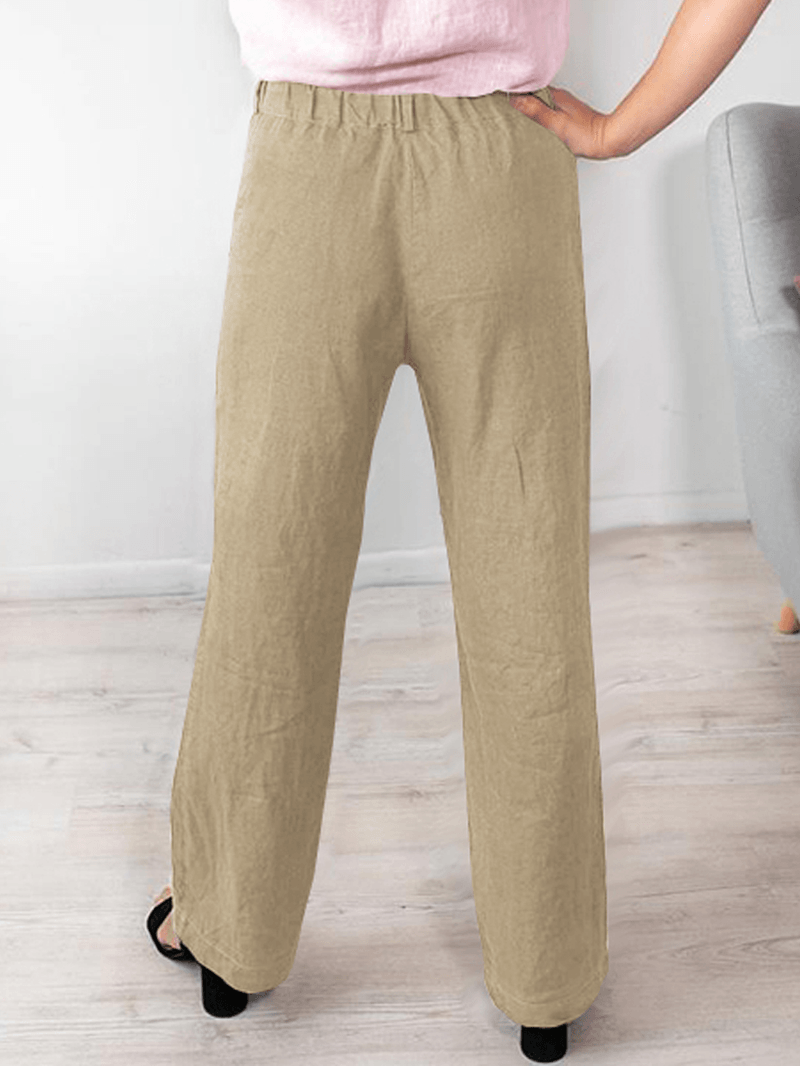 Women Solid Color Elastic Waist Button Loose Casual Pocket Pants