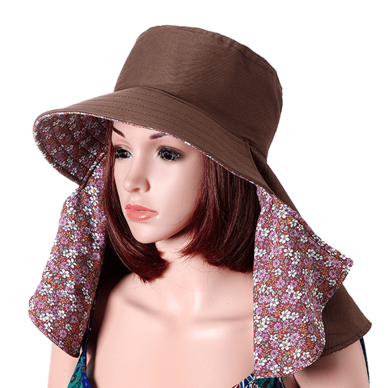 Women Face Neck Protection Wide Brim Beach Hat Double-Side Flower Print Outdoor Gardening Caps