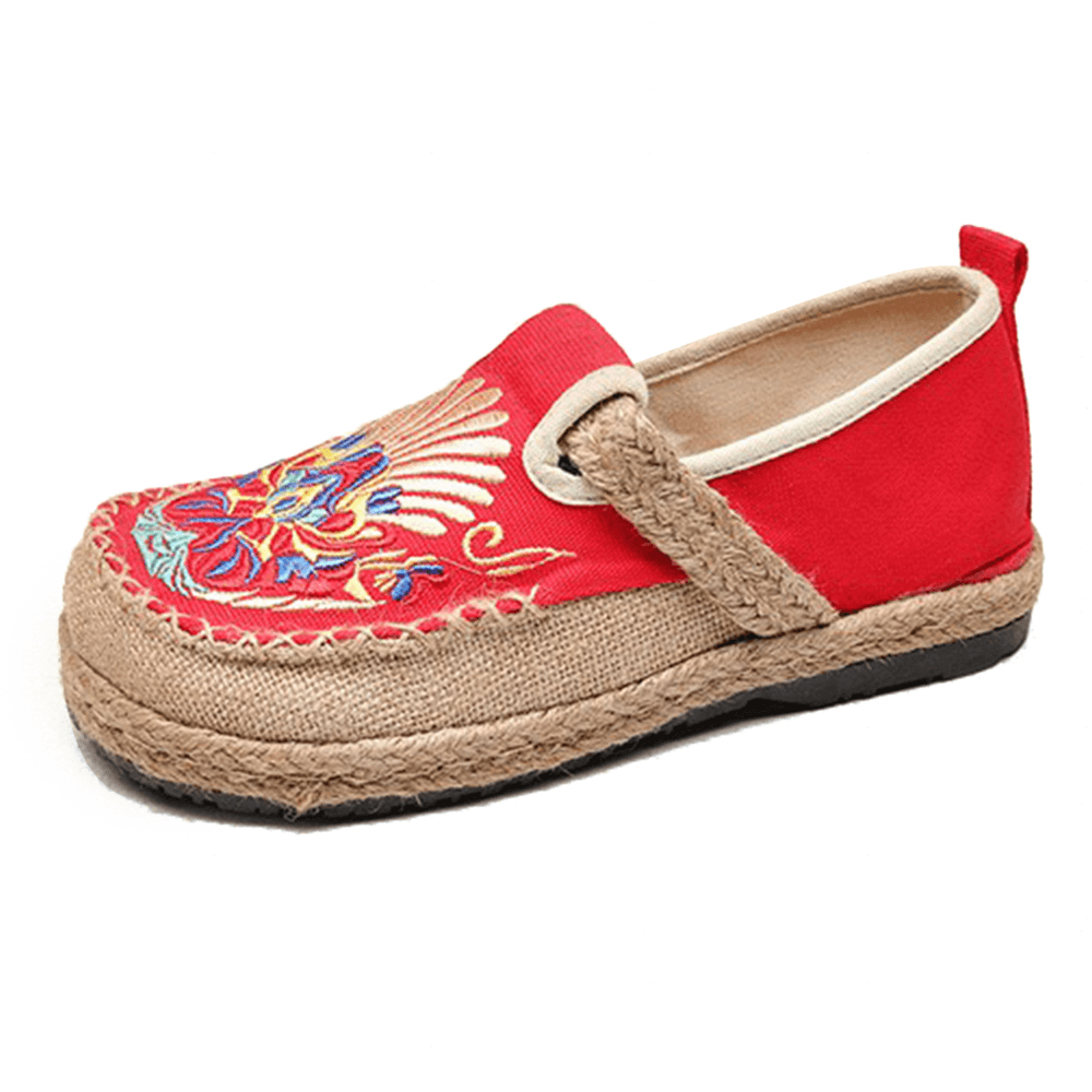 Women Linen Comfy Embroidery Straw Slip on Flat Loafers - MRSLM