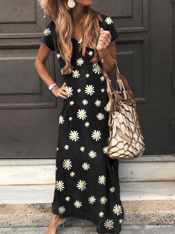 Daisy Print V-Neck Short Sleeve Casual Loose Maxi Dress for Women