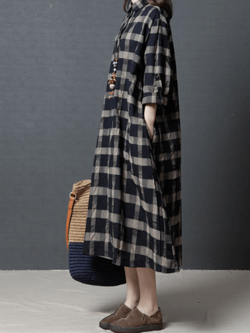 Casual Women Plaid Button Half Sleeve Dress