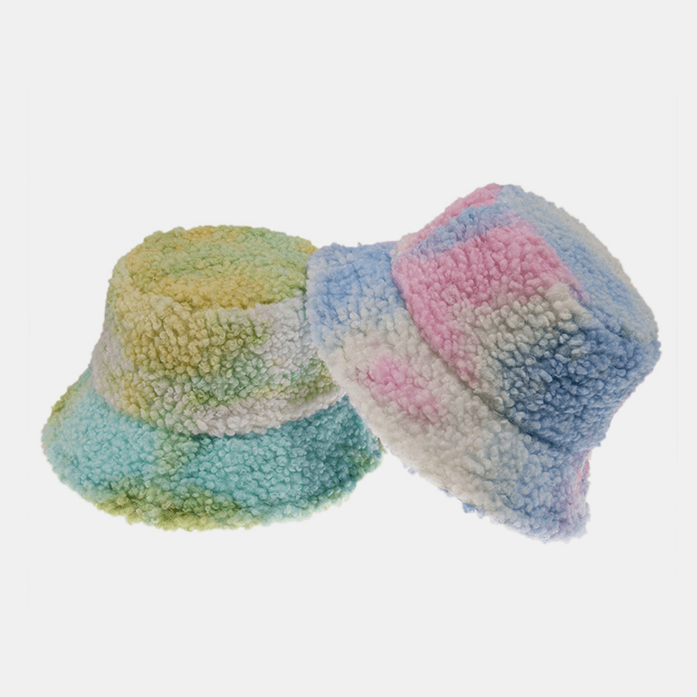 Unisex Felt Lamb Hair Tie-Dye plus Thicken Warm Windproof Soft Bucket Hat