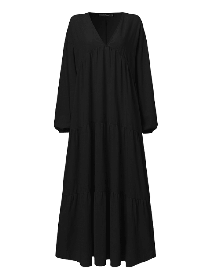 Women V-Neck Cotton Long Sleeve Puff Sleeve Maxi Dresses with Side Pockets - MRSLM