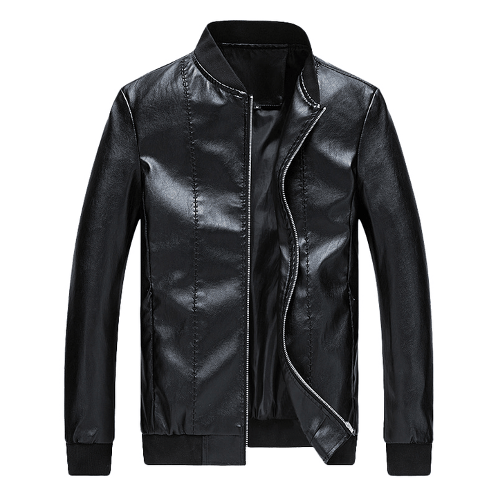 Mens Slim Baseball Collar Solid Color Faux Leather Jacket