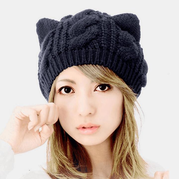 Unisex Woolen Warm Soft Cat Ear Decoration Casual Cute All-Match Couple Hat Knitted Hat