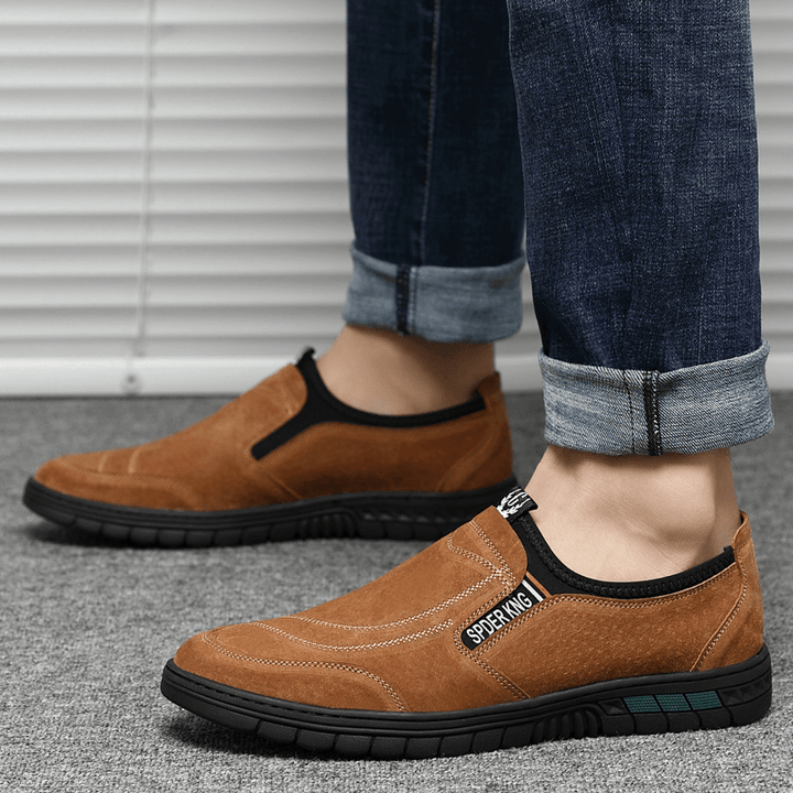 Men Comfy Pigskin Leather Stitching Non-Slip round Toe Lazy Slip-On Loafers Shoes