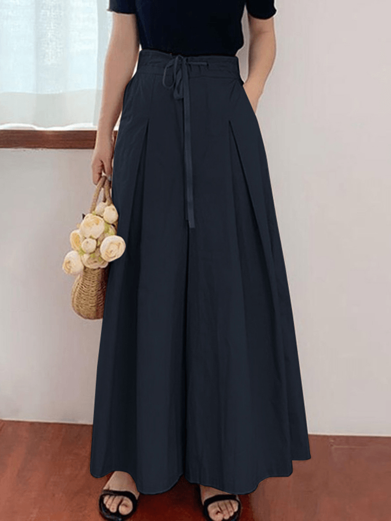 Women Drawstring Waist Loose Solid Color Casual Wide Leg Pants with Pocket