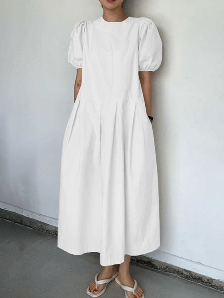 Casual Plain Round Neck Puff Sleeve Maxi Dress with Side Zipper and Pocket - Solid Stitching Maxi Dress for Summer