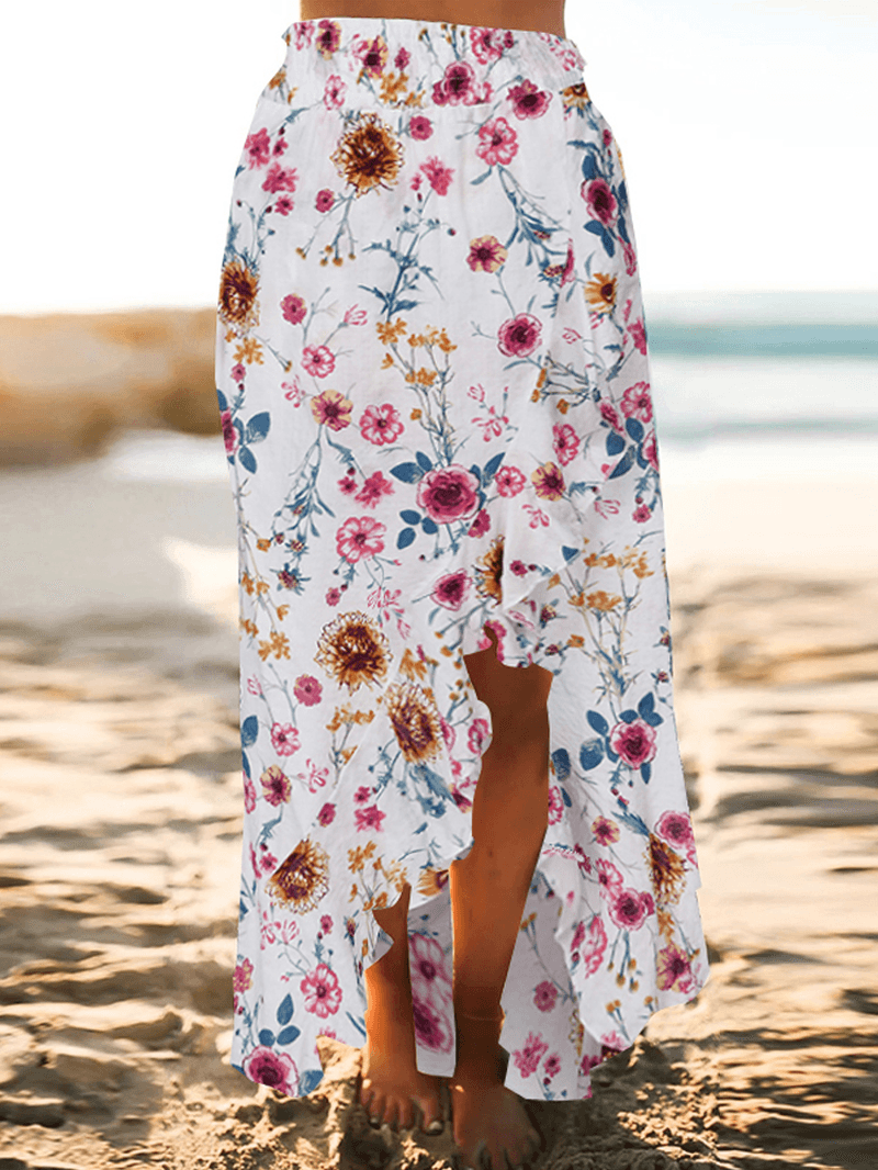 Bohemian Beach Floral Print Elastic Waist Flounce Hem Maxi Skirts