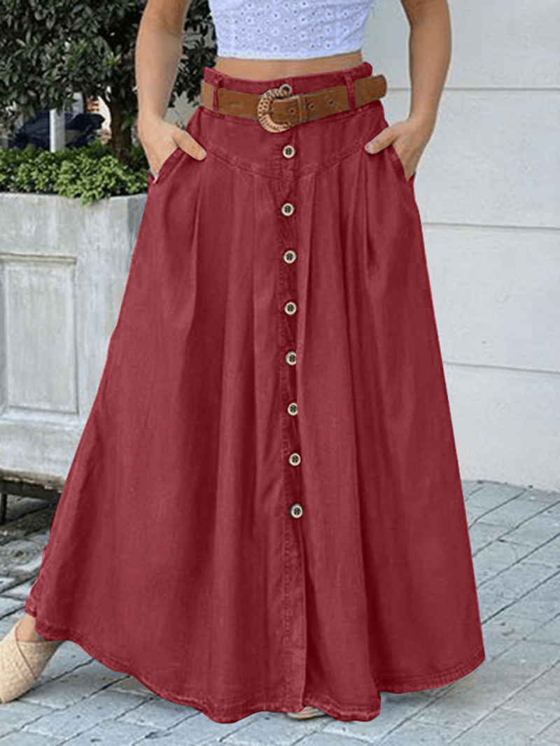 Women's Solid Color Casual Long Skirt with Pocket: Loose Fit and Comfortable Bottom Front