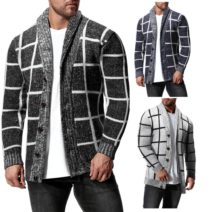 Men'S Winter Color Matching Plaid Cardigan Sweater