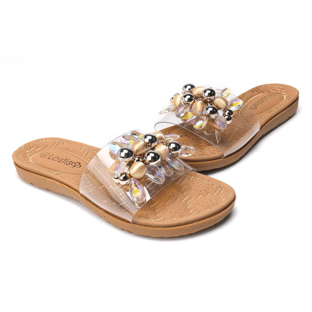 Lostisy Women Beach Beaded Decoration Flat Slippers