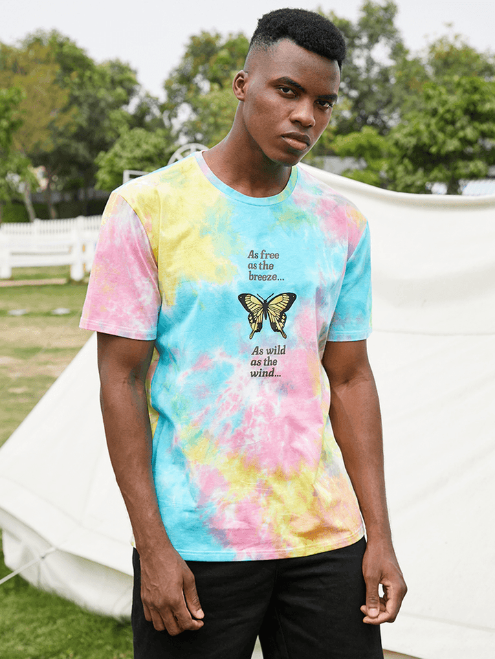 Mens Casual Butterfly Letter Print Street Tie Dye Short Sleeve T-Shirts