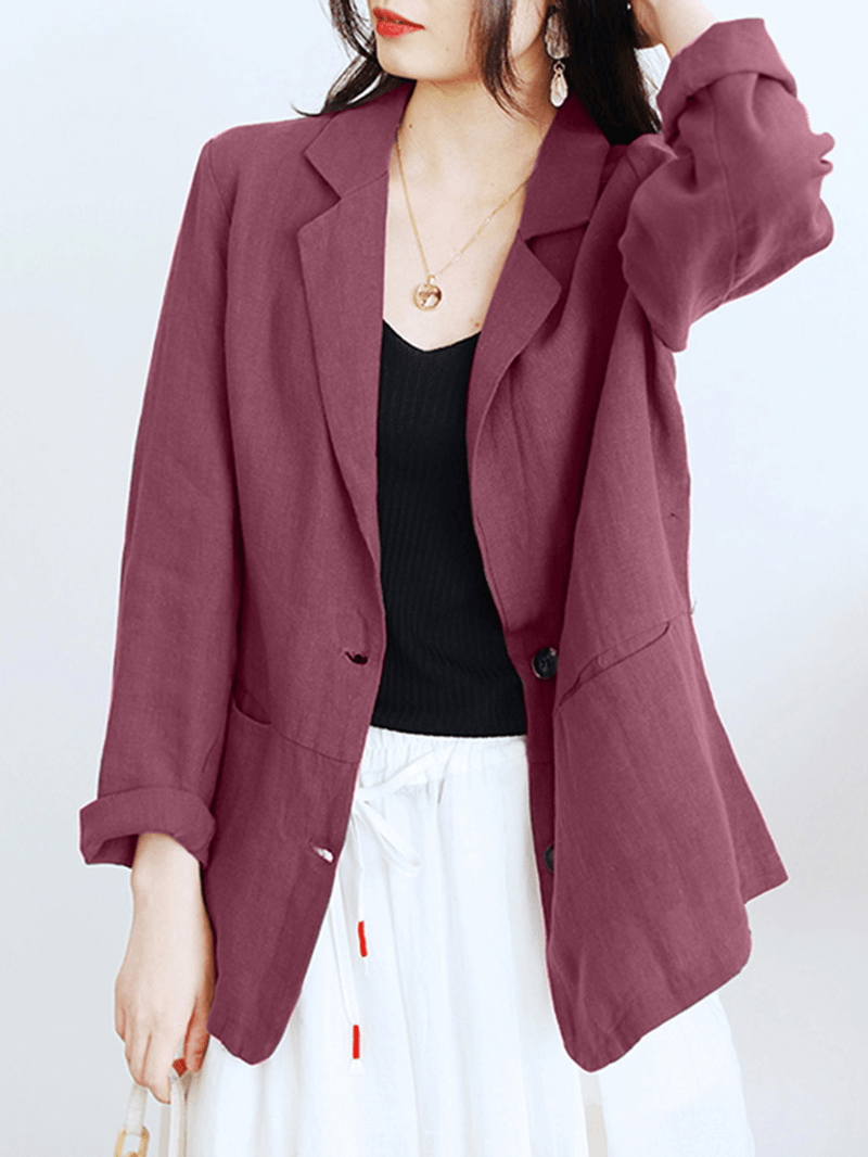 100% Cotton Lapel Business Casual Blazer with Front Pockets for Women