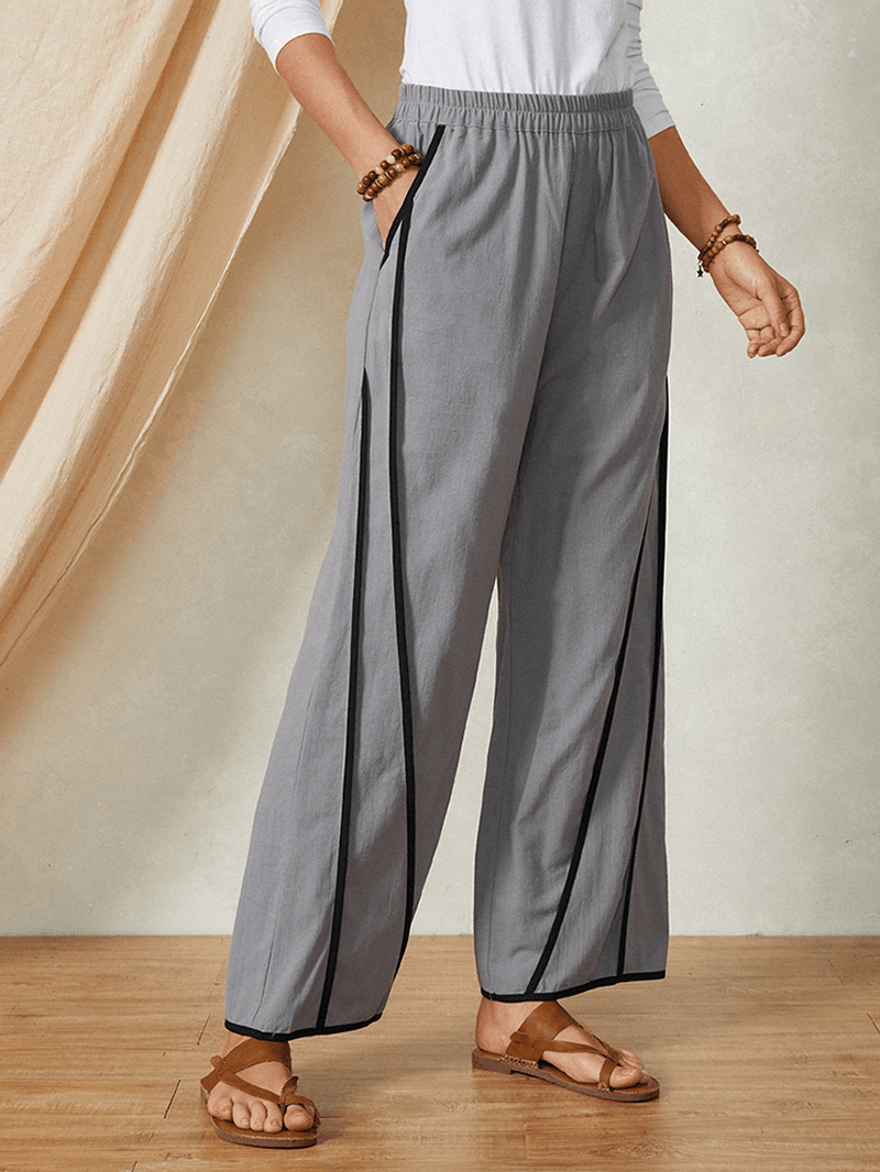 Cotton Elastic Waist Casual Patchwork Pocket Wide Leg Women Pants