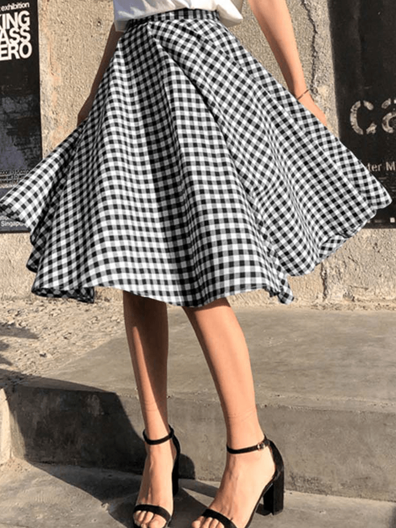 Women Plaid Pleated Spliced Loose Casual Leisure Skirts