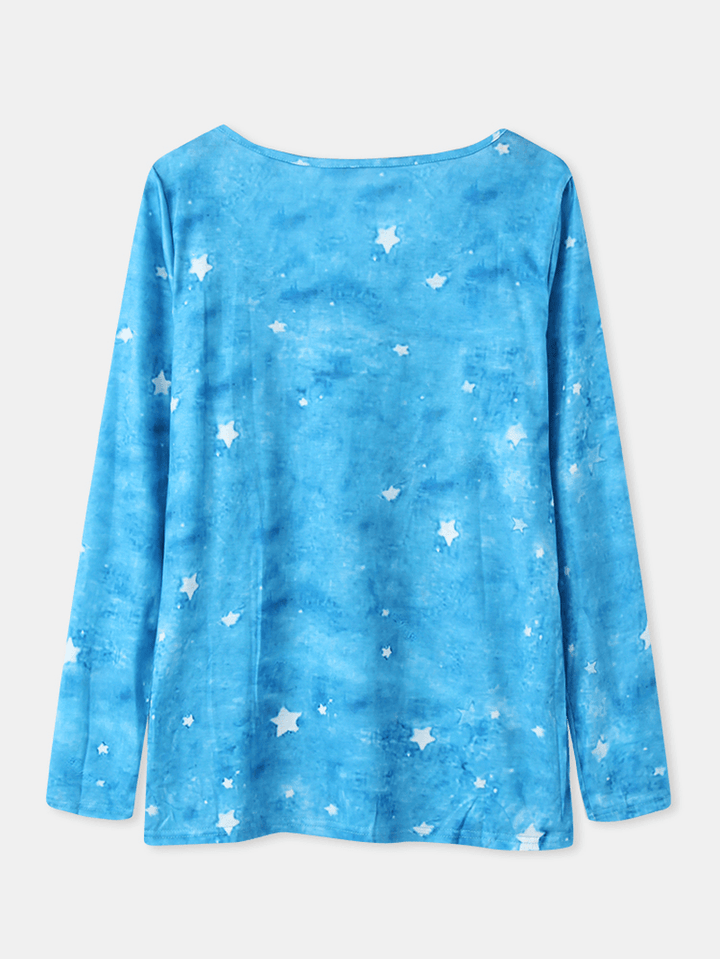 Women Cartoon Cat Starry Sky Print Asymmetrical Neck Casual Long Sleeve Blouses