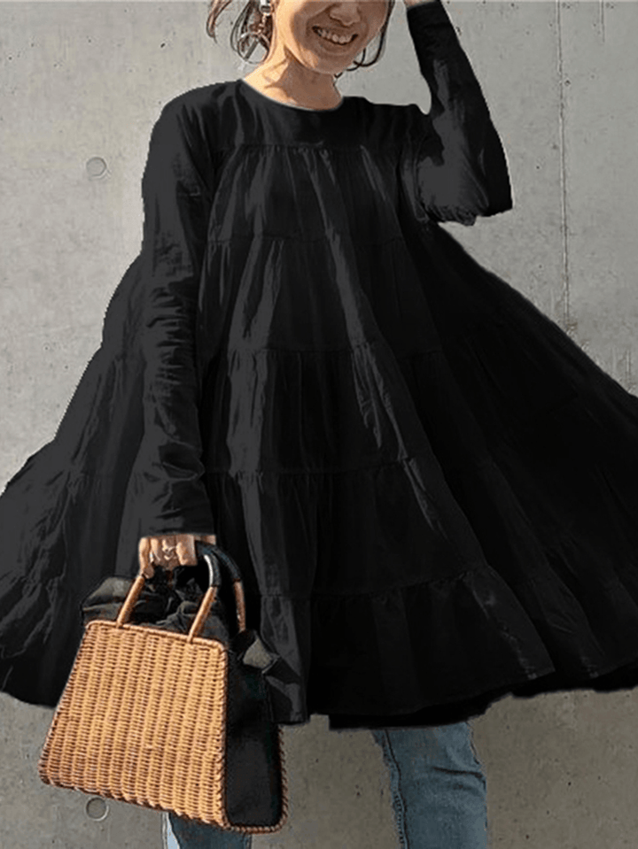 Solid Color O-Neck Long Sleeve Pleated Loose Casual Blouse for Women