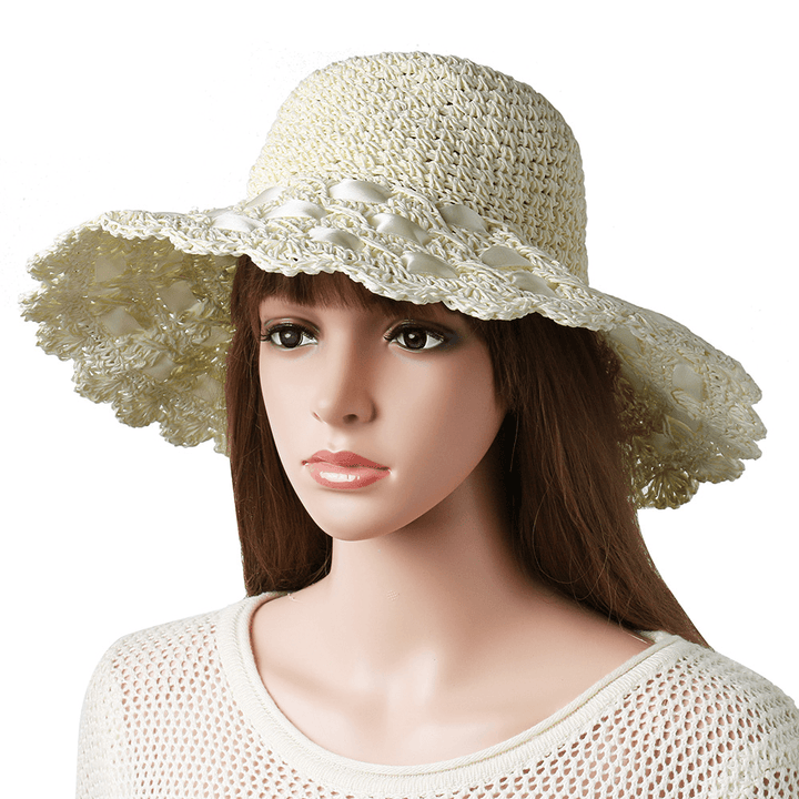 Women Breathable Foldable Bow Sunscreen Bucket Straw Hat