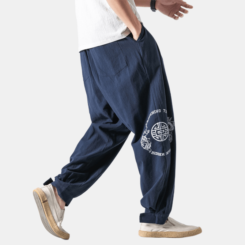 Mens Chinese Style Loose Linen Printing Solid Color Casual Pants