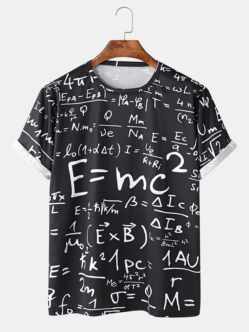 Mens Funny Doodle Math Formulas Print Casual Black Short Sleeve T-Shirts