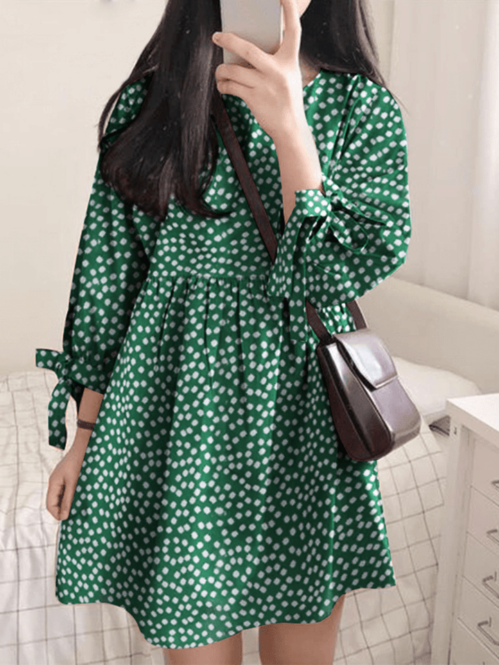 Women Cotton Polka Dot Pleat round Neck Loose Casual Mini Dress - MRSLM