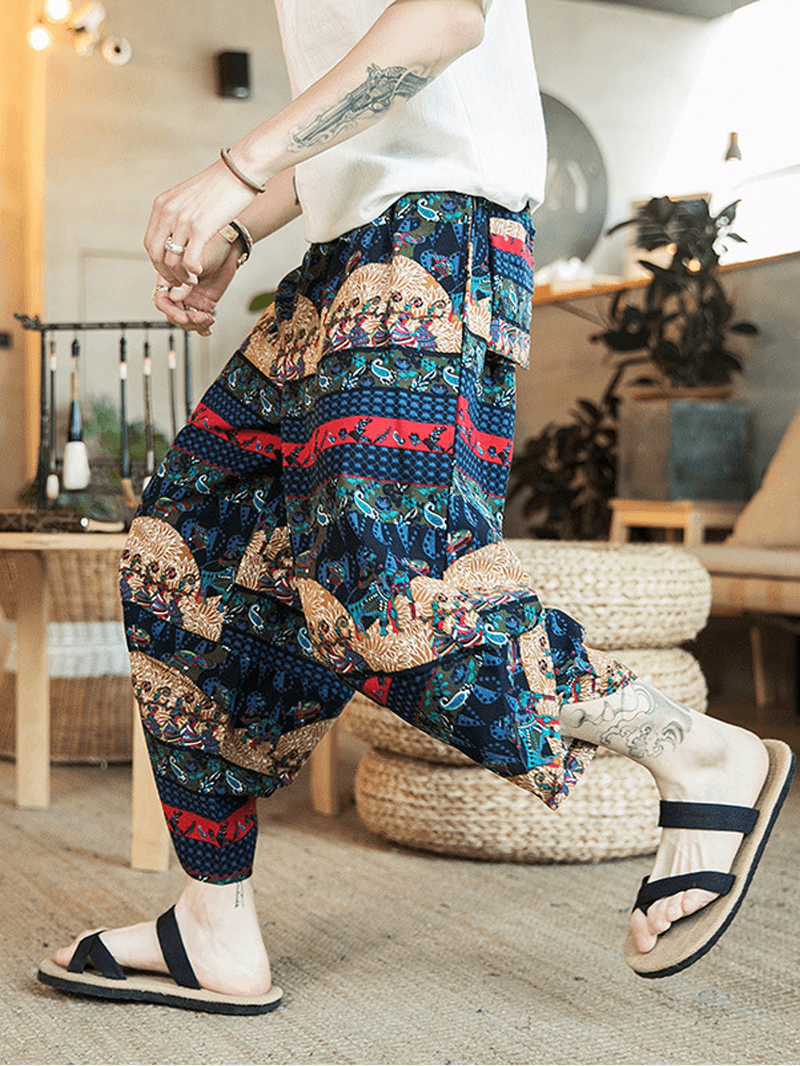 Mens Ethnic Style Print Drawdtring Asymmetrical Harem Pants