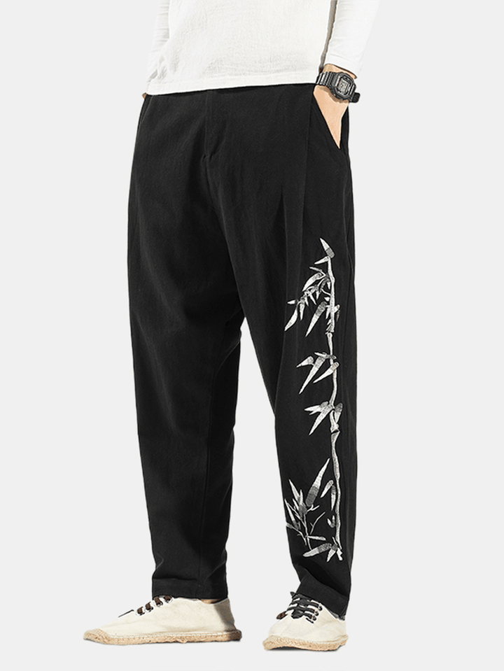 Mens Cotton Oriental Bamboo Print Breathable Button Casual Pants