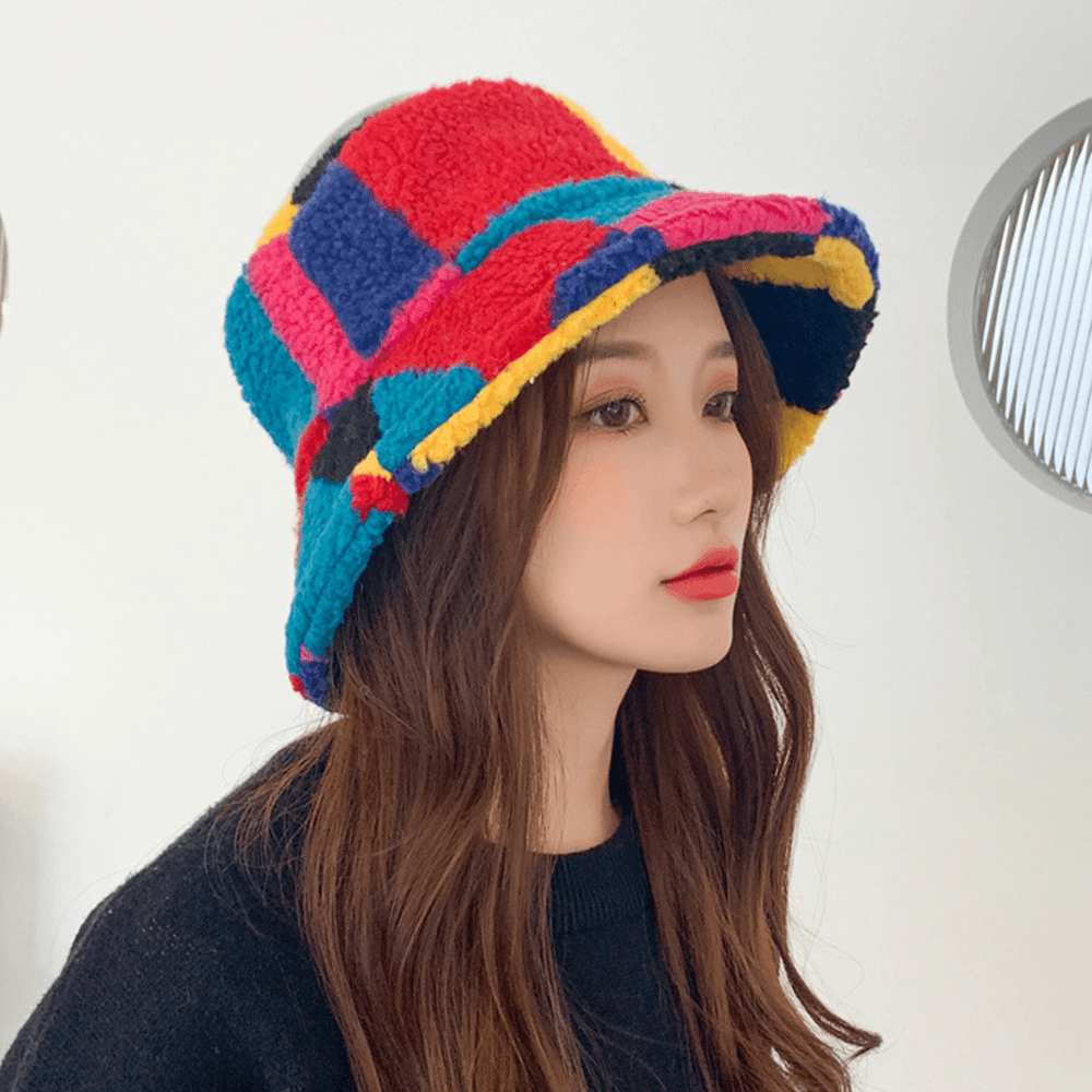 Women Lamb Fur Color Stitching Lattice Bucket Hat Winter Thicken Warm Windproof Fluffy Fisherman Caps