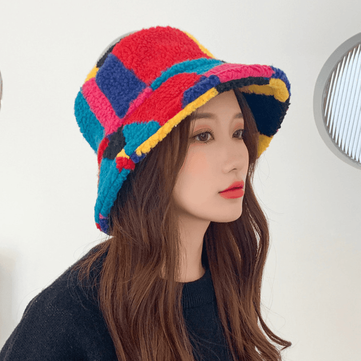 Women Lamb Fur Color Stitching Lattice Bucket Hat Winter Thicken Warm Windproof Fluffy Fisherman Caps