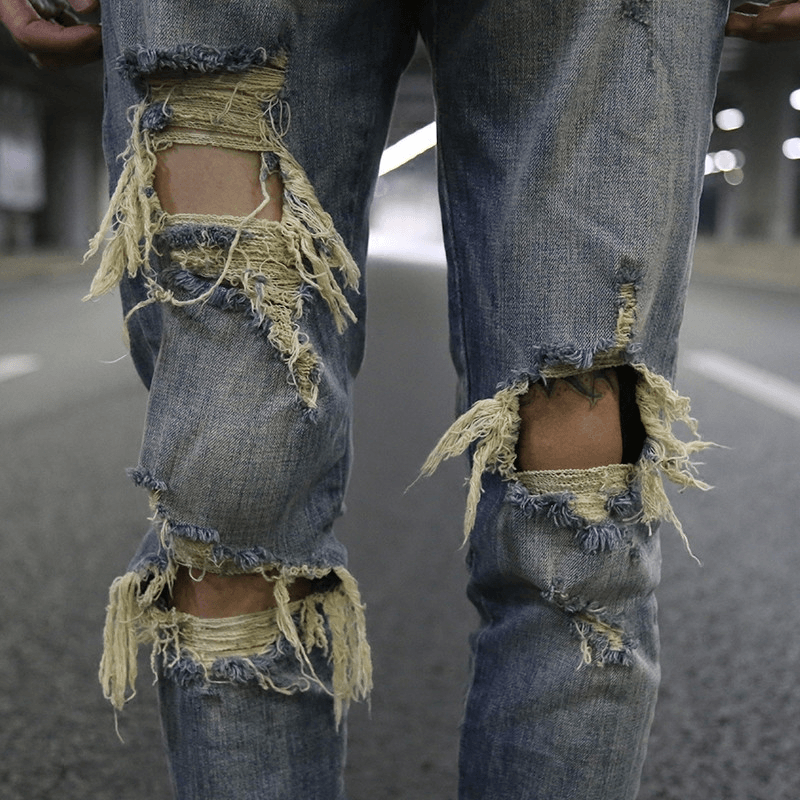 Slim-Fit Stretch Jeans with Big Holes and Yellow Inner Zipper