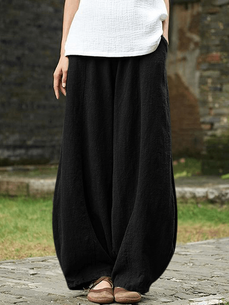 Cotton Linen Solid Color Elastic Waist Loose Casual Pants with Pocket - MRSLM