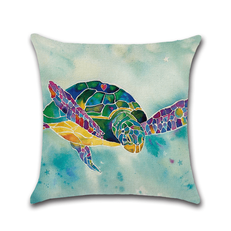 Sea Turtle Crab Whale Cotton Linen Cushion Cover Cartoon Color Water Printed Square Pillow Case