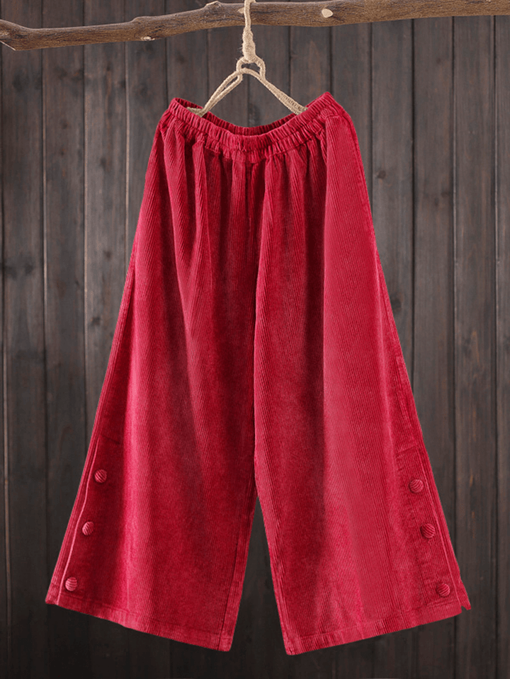 Women Corduroy Side Button Solid Elastic Waist Wide Leg Pants with Pocket