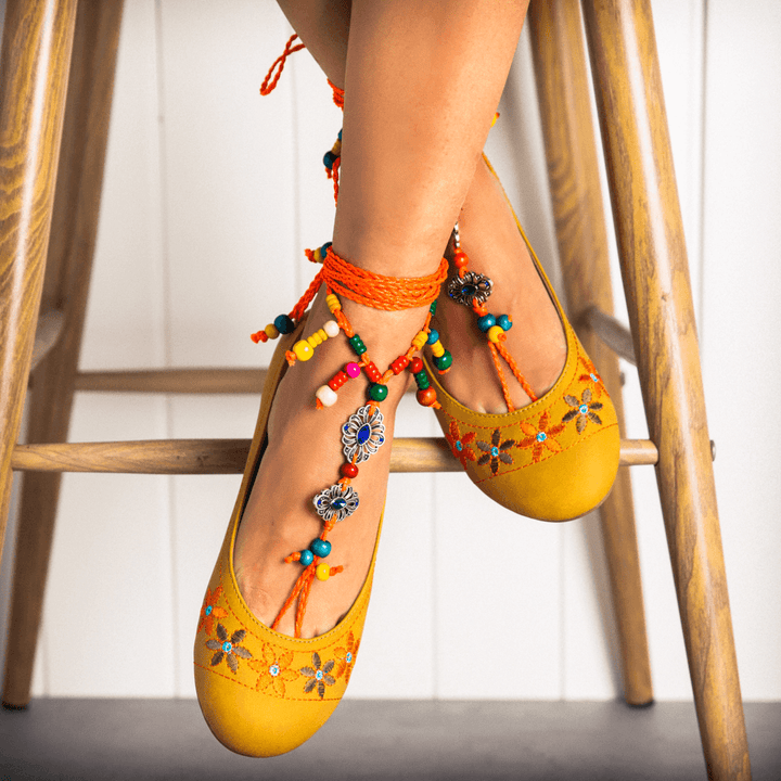 LOSTISY Exotic Style Embroidered Beaded Chain Yellow Casual Bohemia Flats