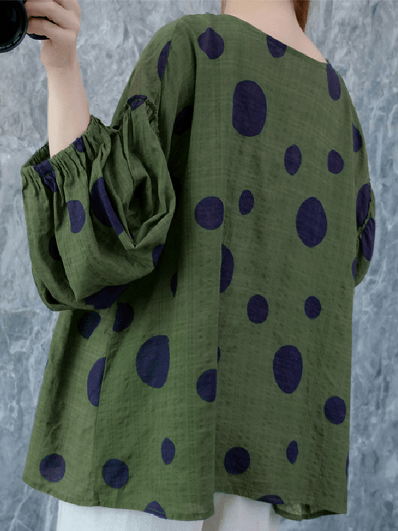 Women Vintage Polka Dot Print Puff Sleeve Loose Pleated Blouse