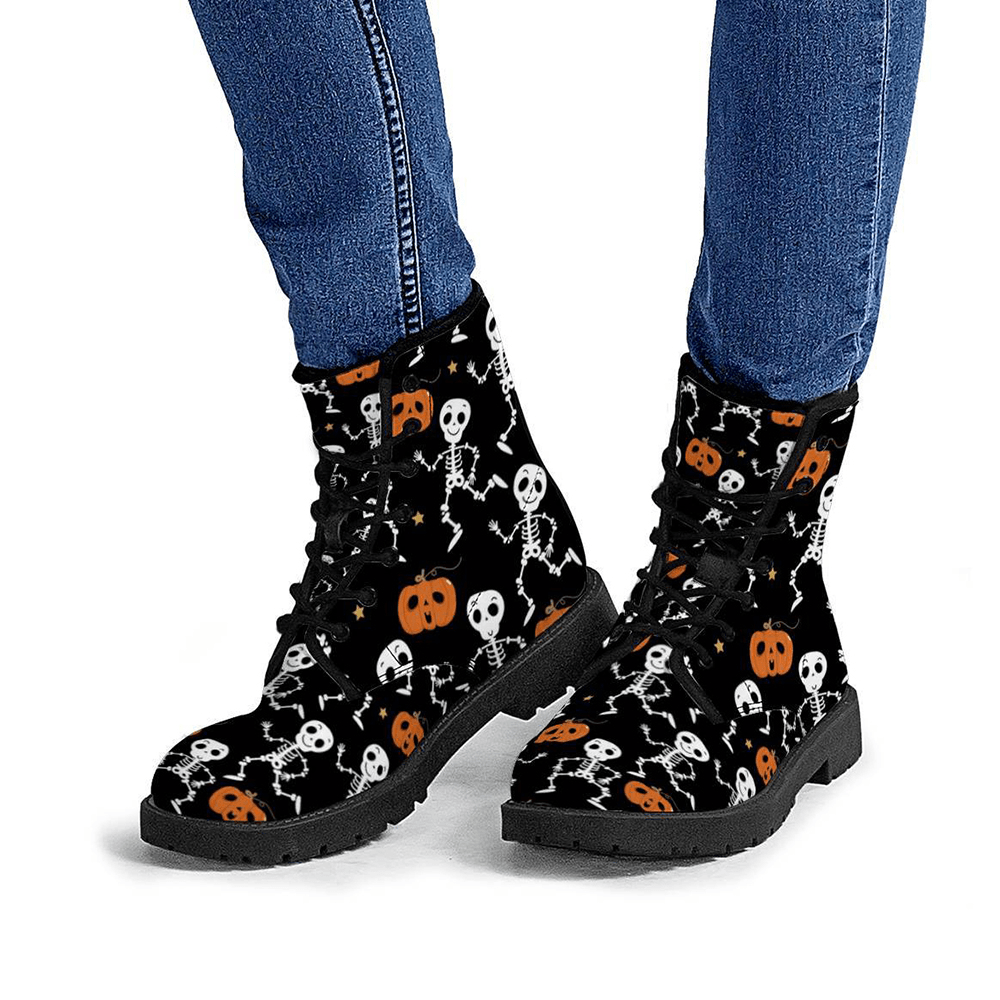 Halloween Women Funny Skeleton Pumpkin Printing Soft Rubber Non-Slip Outsole Martin Boots