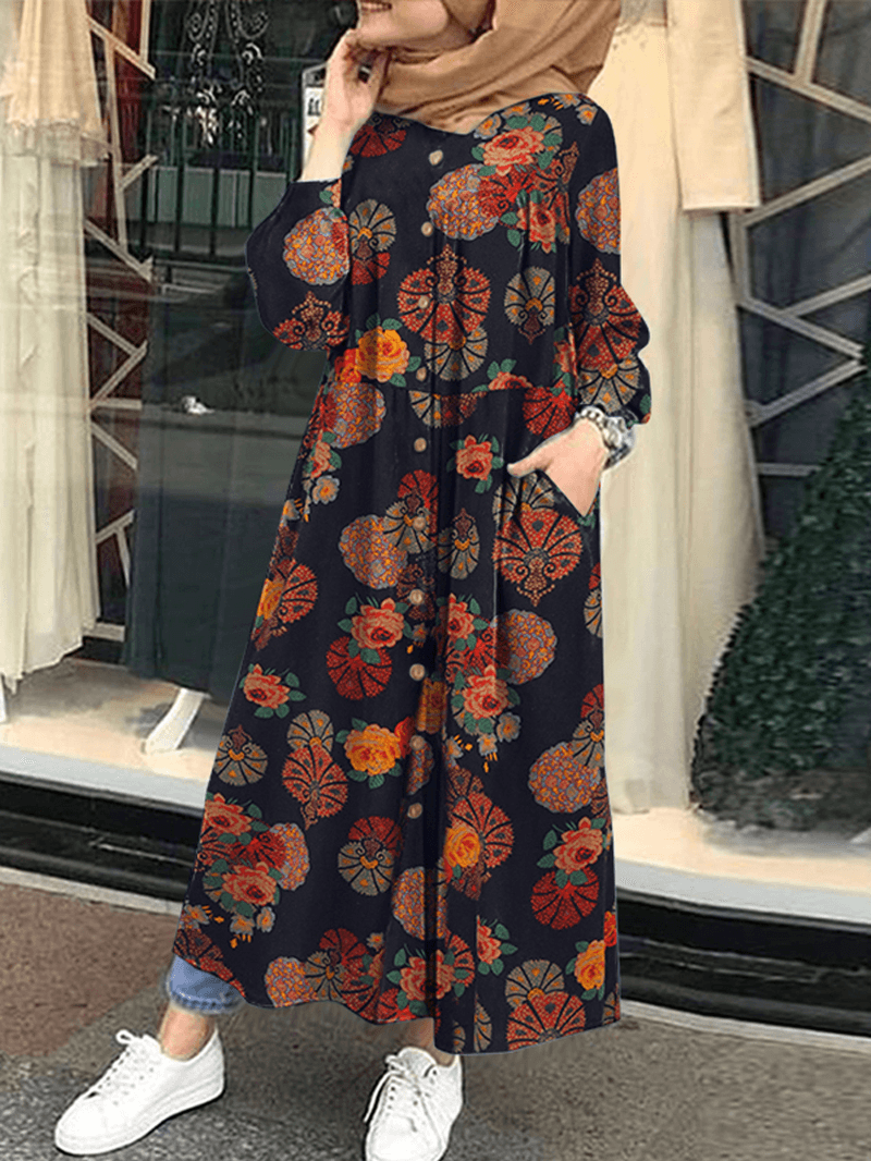 Women Retro Floral Print O-Neck Button Robe Shirt Maxi Dress with Pocket - MRSLM