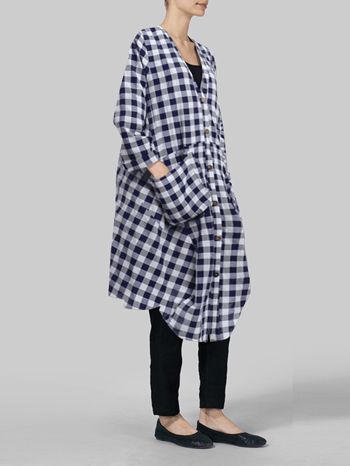 Women Casual Loose Plaid Long Sleeve Button Pockets Dress