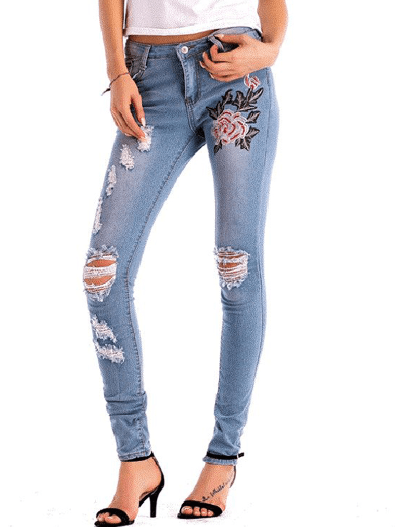 Stretch High Waist Skinny Embroidery Jeans